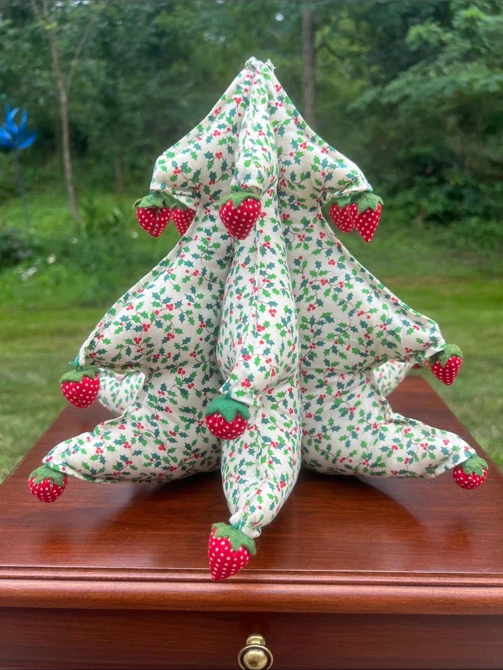 Vintage Kitsch 3D Stuffed Holly Berry Fabric Christmas Tree with Strawberries